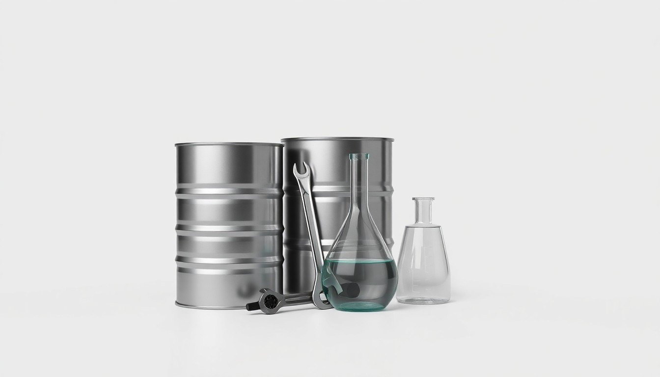 A minimalist, photorealistic studio still life featuring a polished metal oil barrel, a sleek steel wrench, and a smooth glass beaker, arranged elegantly to conceptually represent the abstract concepts of corporate strategy, finance, and risk in the energy industry.