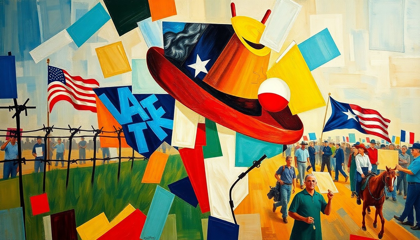 A fractured, geometric painting depicting overlapping, abstracted shapes and forms in bright, bold colors, representing the multifaceted political landscape of Texas.