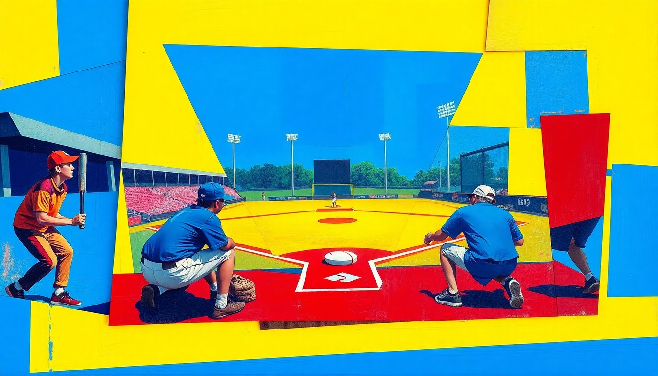 A fragmented, geometric painting in bold primary colors depicting the dynamic action of a high school softball game.