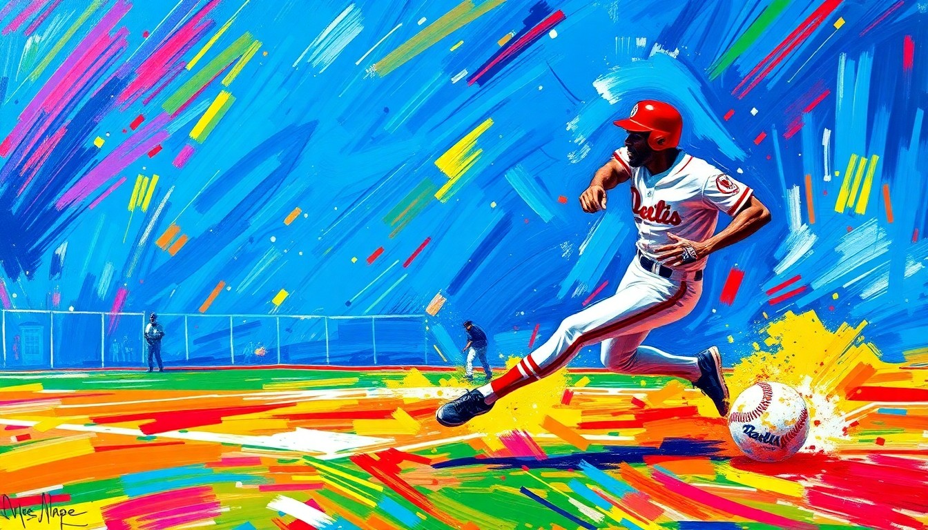 An abstract, energetic painting featuring bold brushstrokes in neon colors, capturing the dynamic movement and athleticism of a baseball player in action.