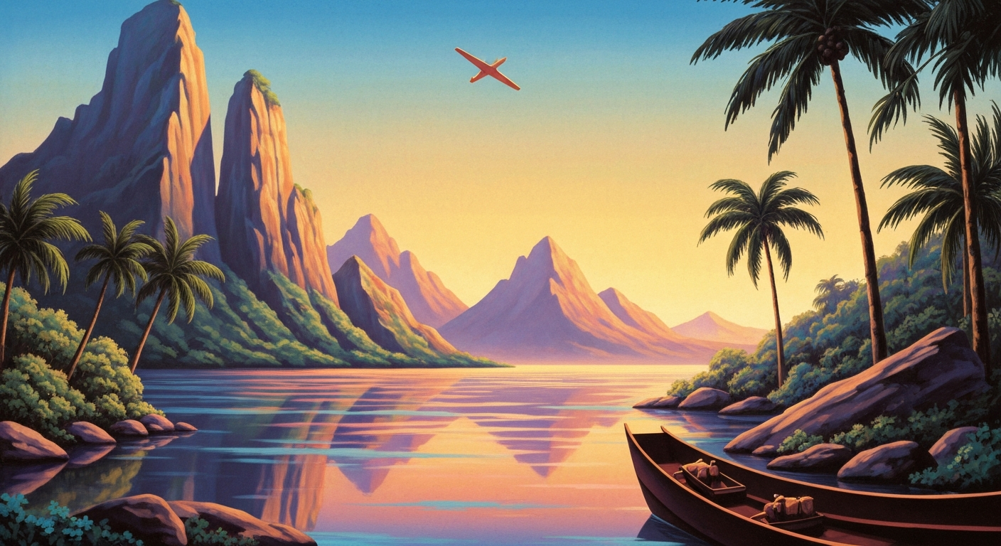 A bold, geometric illustration in the Art Deco style, featuring sweeping gradients of vibrant blues, greens, and oranges that evoke the tropical landscape of Bali. The composition features towering, streamlined forms suggesting the grand scale and romance of travel, without depicting any specific people or locations.