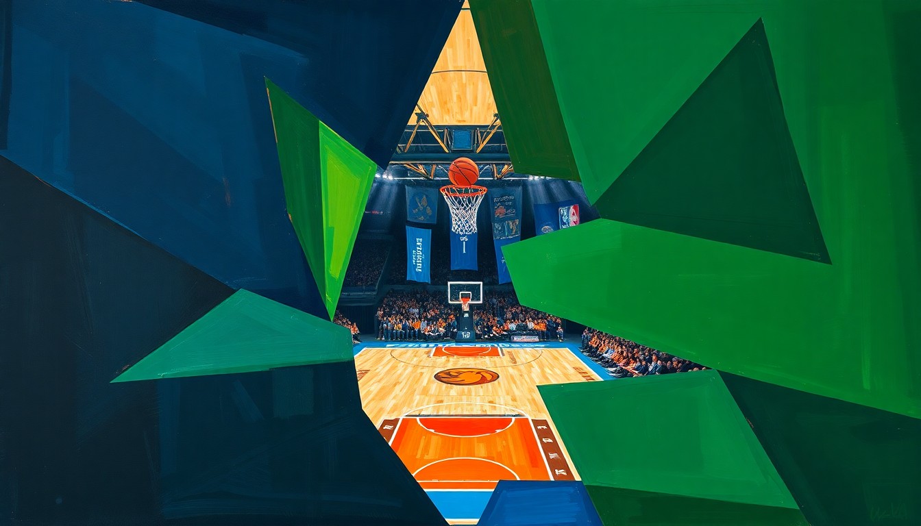 A cubist, geometric painting depicting the dynamic movements and energy of a college basketball game, with overlapping planes of navy, green, and orange hues.