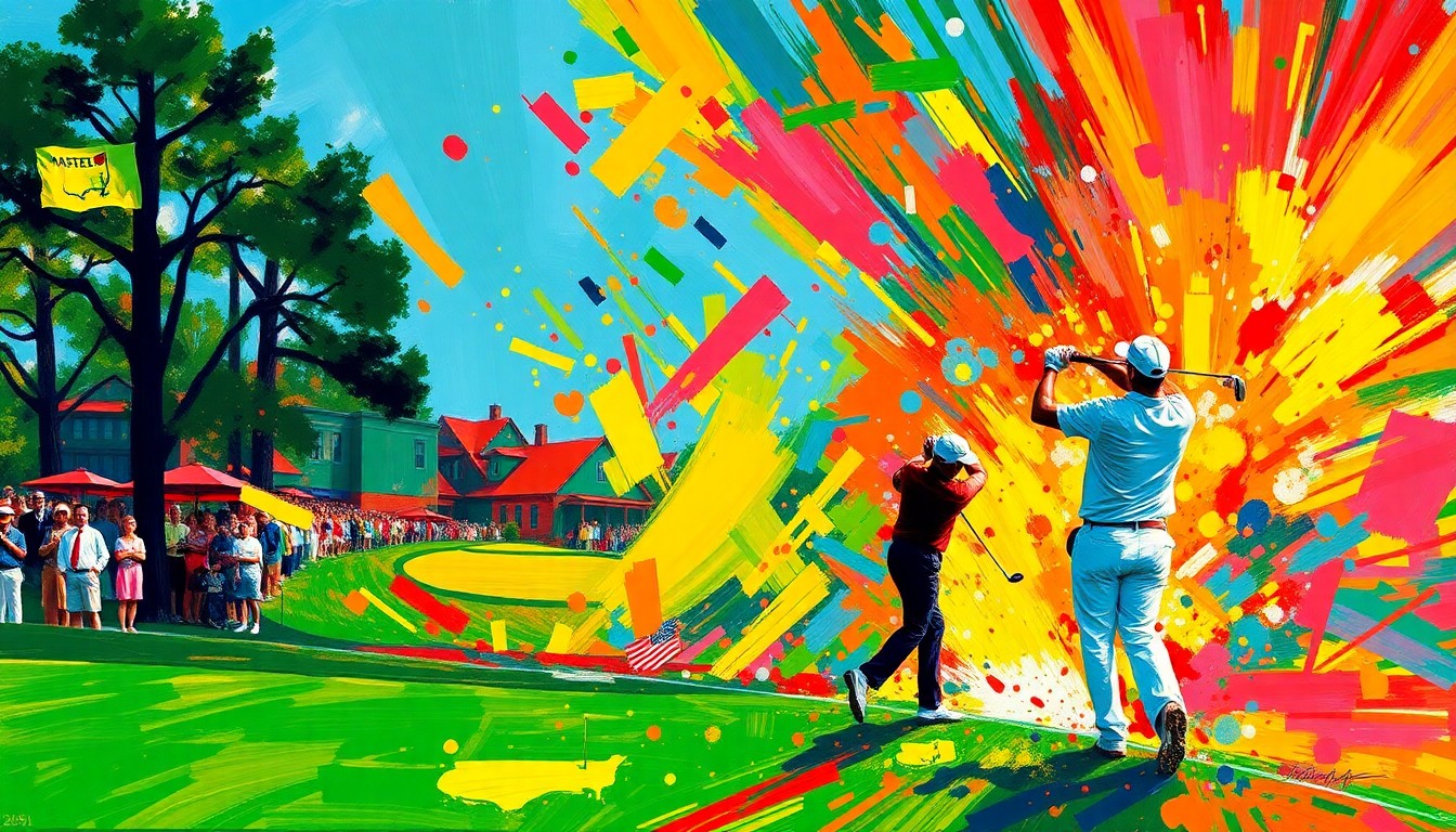 An abstract, expressionist painting featuring bold, neon-colored brushstrokes that convey the raw energy and excitement of the Masters golf tournament.