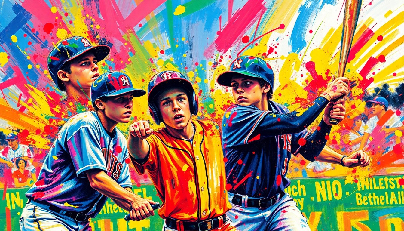 An abstract, expressionist painting in vibrant neon colors, capturing the raw energy and intensity of a high school baseball game with players' forms dissolving into unrecognizable brushstrokes.