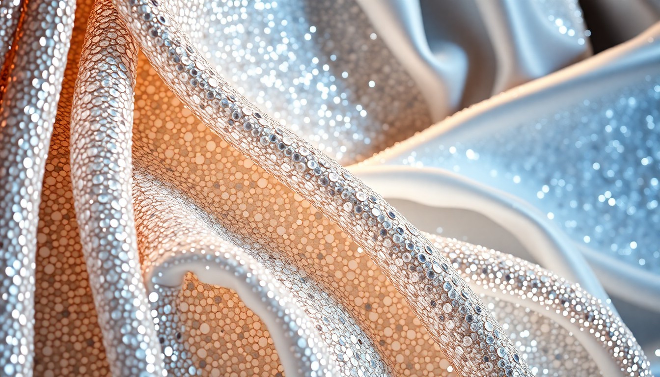 An extreme close-up of glittering white sequins and shimmering satin textures in dramatic high-contrast studio lighting, conceptually representing the glamour and luxury of a Beyoncé-hosted fashion event.