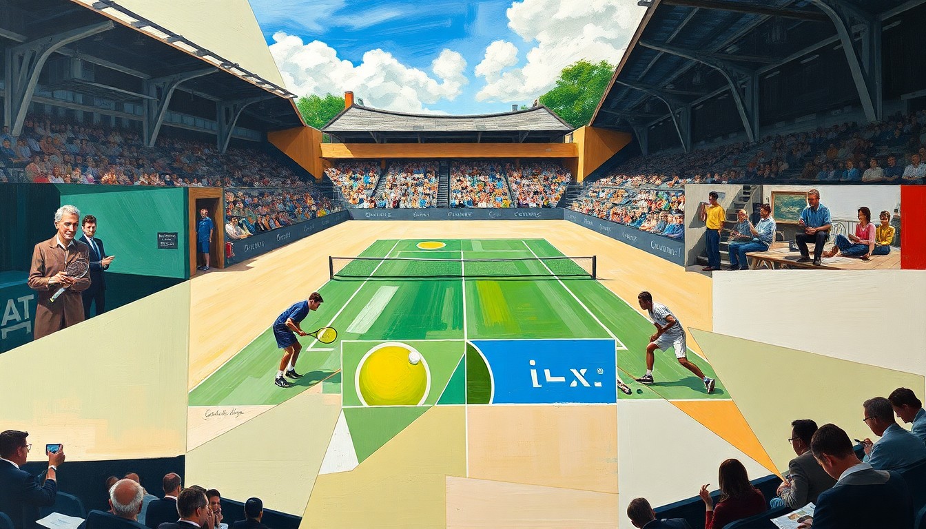 A cubist-style painting depicting a tennis match between two players, with the figures and court broken down into sharp, geometric shapes and planes of color, conveying the intensity and energy of their rivalry.