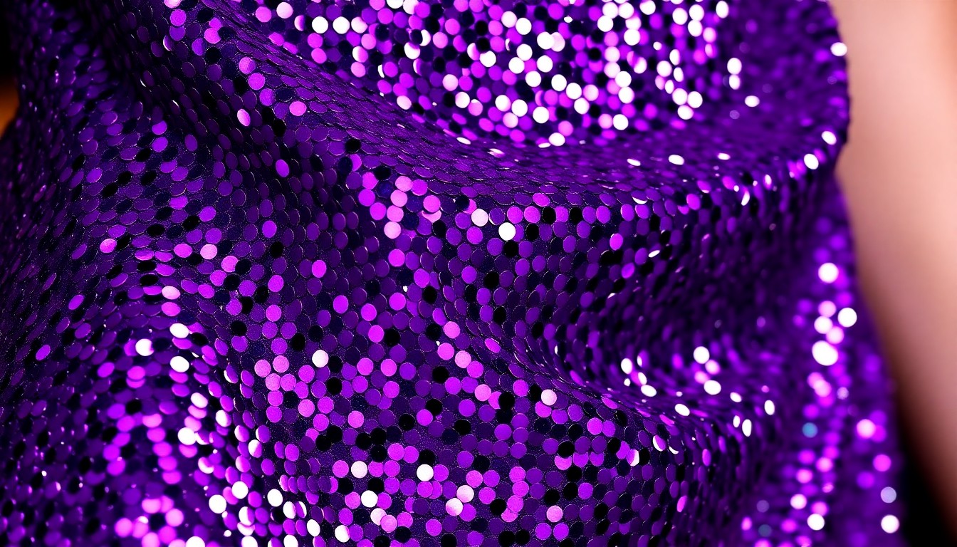 An abstract close-up photograph of shimmering, sequined fabric in vibrant purple and black hues, highlighting the luxurious texture and high-fashion aesthetic of the dress.