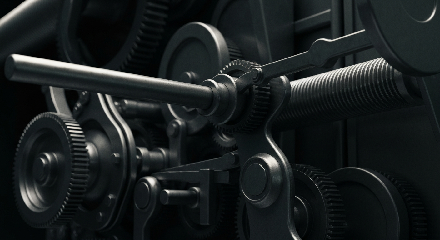 An extreme close-up of heavy, industrial banking machinery and equipment, conveying a sense of financial security and institutional wealth without depicting any literal currency or financial symbols.