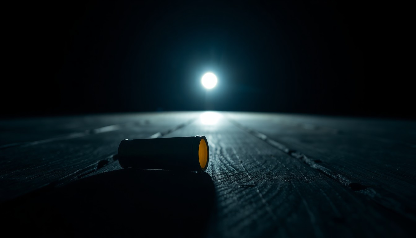 An extreme close-up photograph of a single spent shell casing lying on the wooden planks of the Tybee Island pier, the harsh flash illuminating the metallic details and creating a stark, gritty, investigative aesthetic.