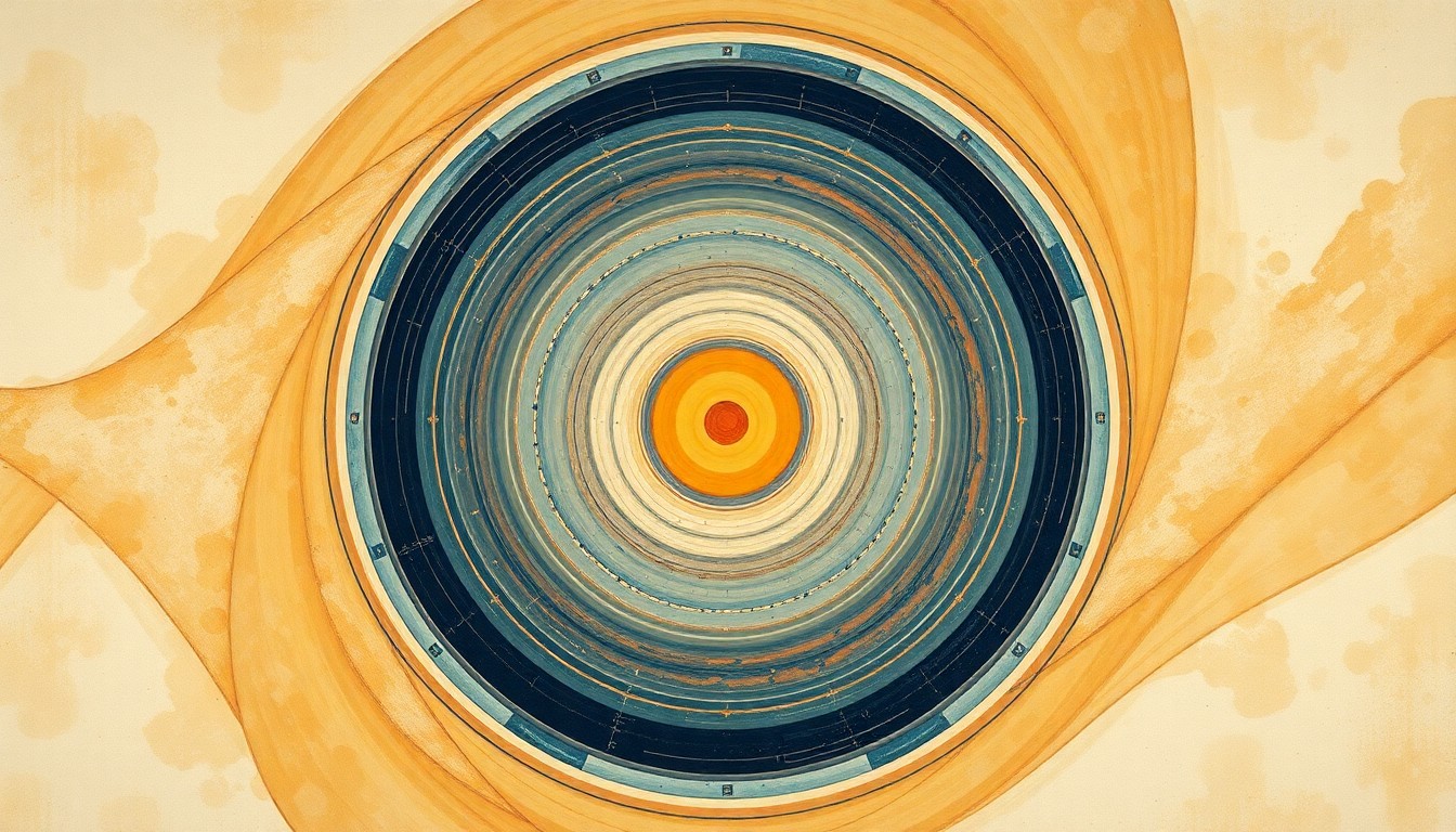 A bold, highly structured abstract painting in muted earth tones, featuring sweeping geometric arcs, concentric circles, and precise botanical spirals, conceptually representing the complex stellar formation and supernova processes that created the ultra-metal-poor star SDSS J0715-7334.