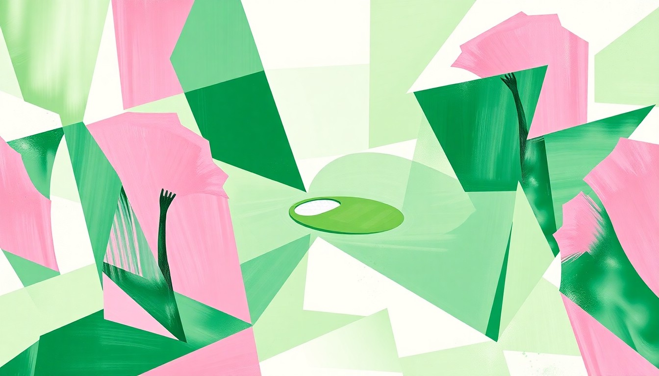 A fractured, multi-perspective painting depicting the Masters golf tournament broken down into sharp, overlapping geometric planes in a palette of emerald green, azalea pink, and soft white, conceptually representing the event's blend of sporting excellence and curated identity.