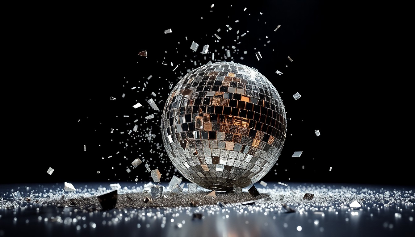 An abstract close-up photograph featuring shimmering, shattered glass fragments in dramatic studio lighting, conceptually representing the glamour and fragility of celebrity relationships.