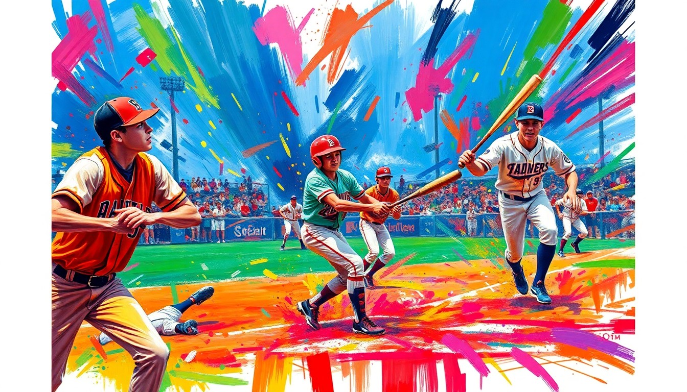 An abstract, energetic painting in neon colors depicting the dynamic movements and raw athleticism of a high school baseball game, with players' forms dissolving into unrecognizable brushstrokes.
