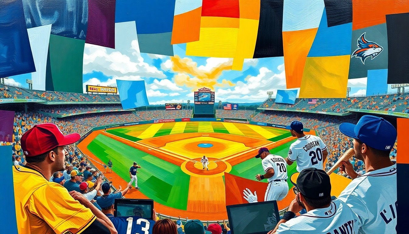 A cubist-style painting depicting a baseball game broken down into overlapping geometric shapes and planes, using the vibrant colors of the competing teams' uniforms to create a dynamic, energetic visual representation of the game's action.