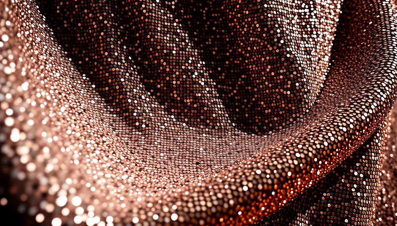 An extreme, abstract close-up photograph of shimmering, sequined fabric in dramatic, high-contrast studio lighting, capturing the luxurious, glitzy texture of a celebrity red carpet ensemble.