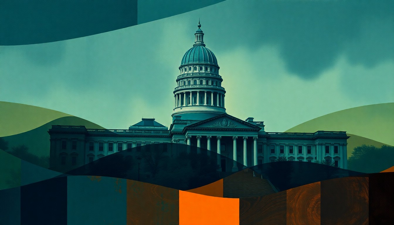 A dynamic, abstract painting featuring the Ohio state capitol building repeated in overlapping, fractured geometric shapes in shades of blue, green, and orange, conveying the competitive and shifting nature of the state treasurer primary race.