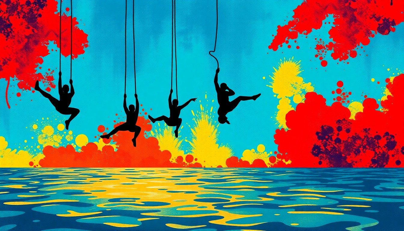 A bold, graphic illustration featuring stark black silhouettes of circus performers suspended above an abstract, shimmering pool of water, conveying the energy and visual spectacle of Cirque Italia's production.