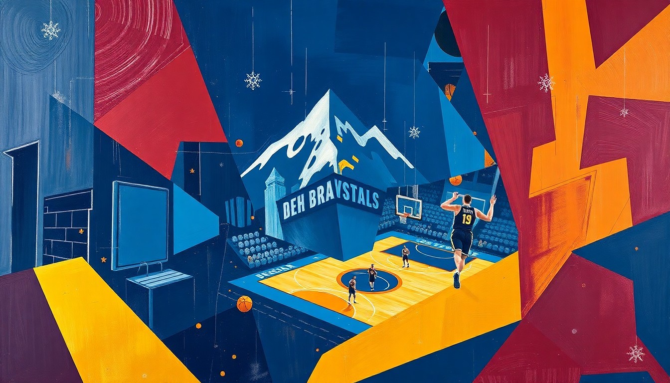 A fragmented, cubist-style painting depicting the action and energy of a basketball game, with sharp geometric shapes and planes of color representing the players, the ball, and the court.