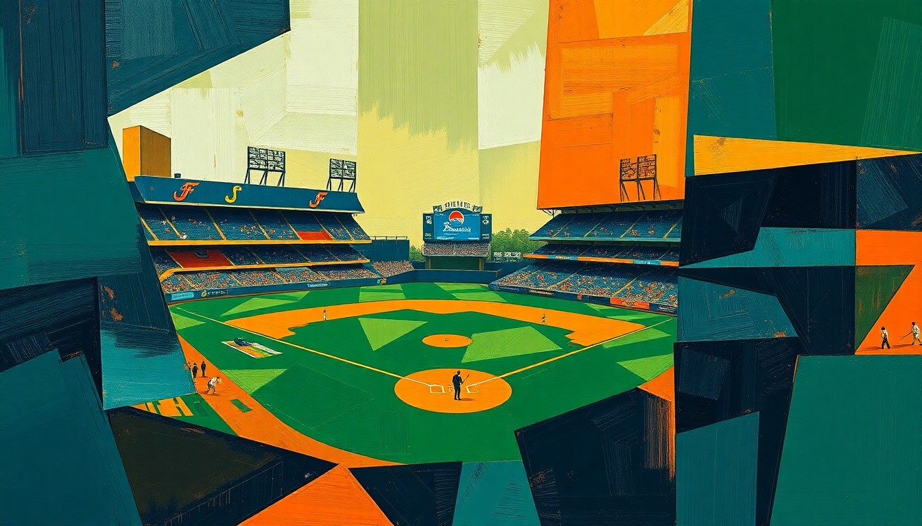 A fragmented, geometric painting in navy, green, and orange hues that deconstructs a baseball game into overlapping angular shapes, conveying the sport's fast-paced action.