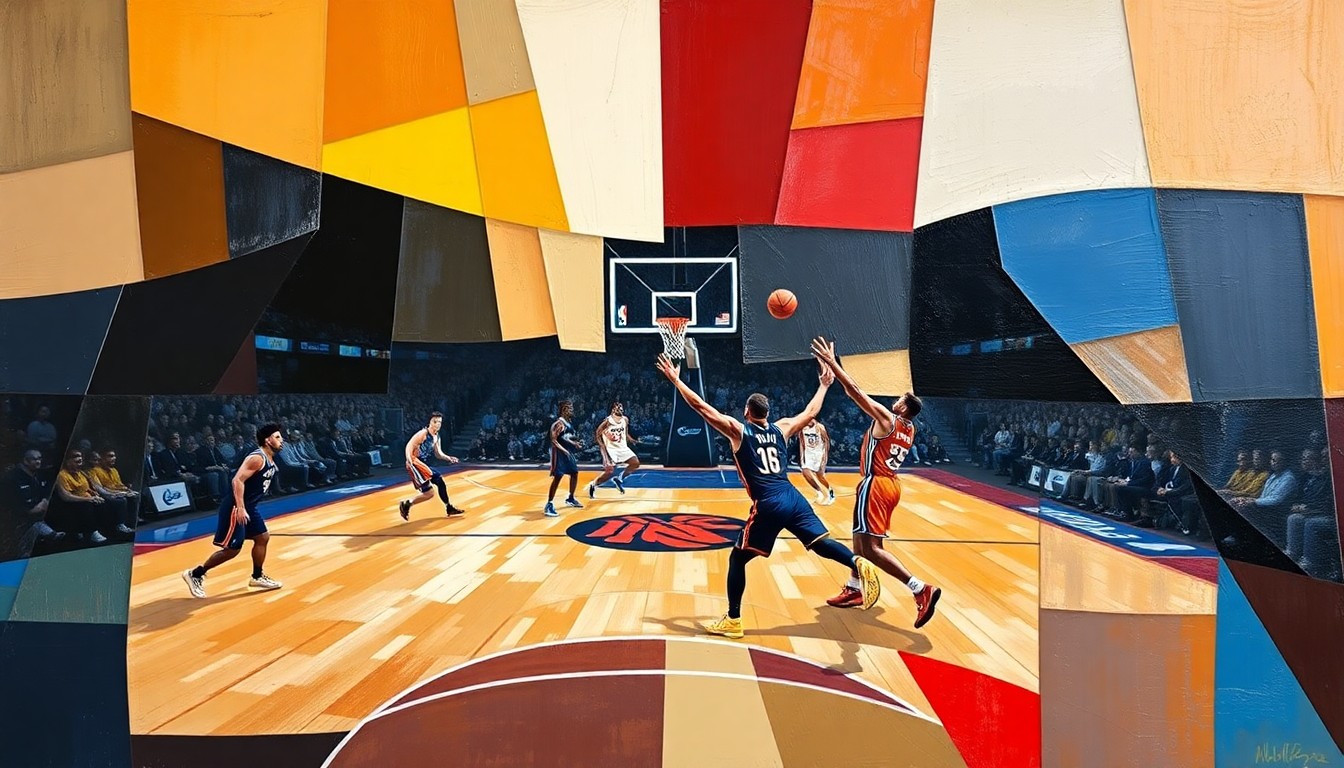 A fractured, multi-perspective painting depicting a basketball game between the Oklahoma City Thunder and Denver Nuggets. The players' movements and the court's lines are abstracted into a dynamic, cubist composition using sharp, overlapping geometric planes in vibrant colors.