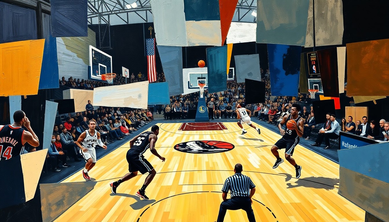 A cubist, geometric painting depicting the dynamic movements and energy of a basketball game between the San Antonio Spurs and Dallas Mavericks, with the players and court rendered in an abstract, fragmented style.