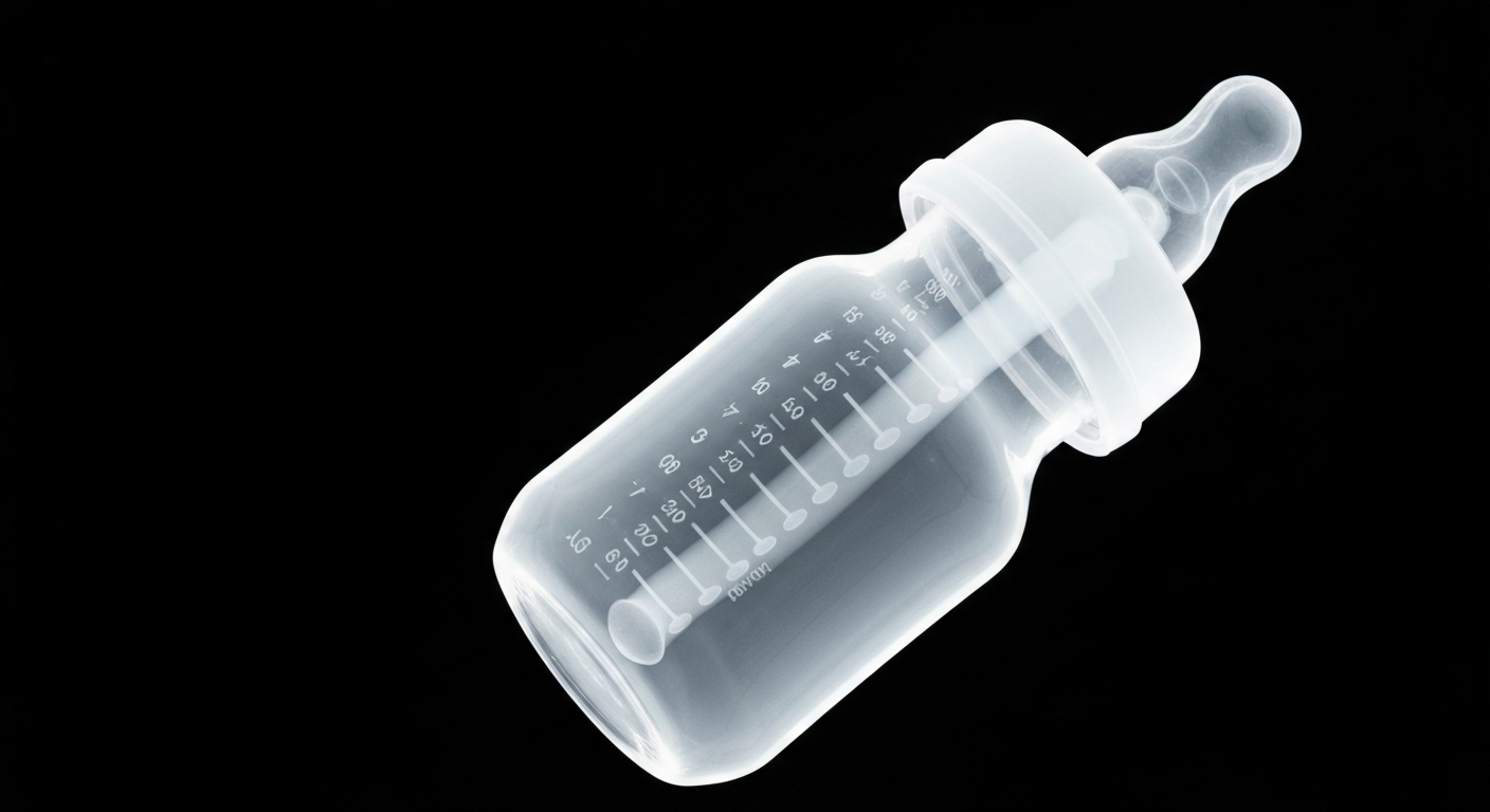 A ghostly, translucent X-ray photograph of a baby bottle, its internal structure glowing with a faint, ethereal light, conceptually representing the complex medical issues at the center of this legal case.