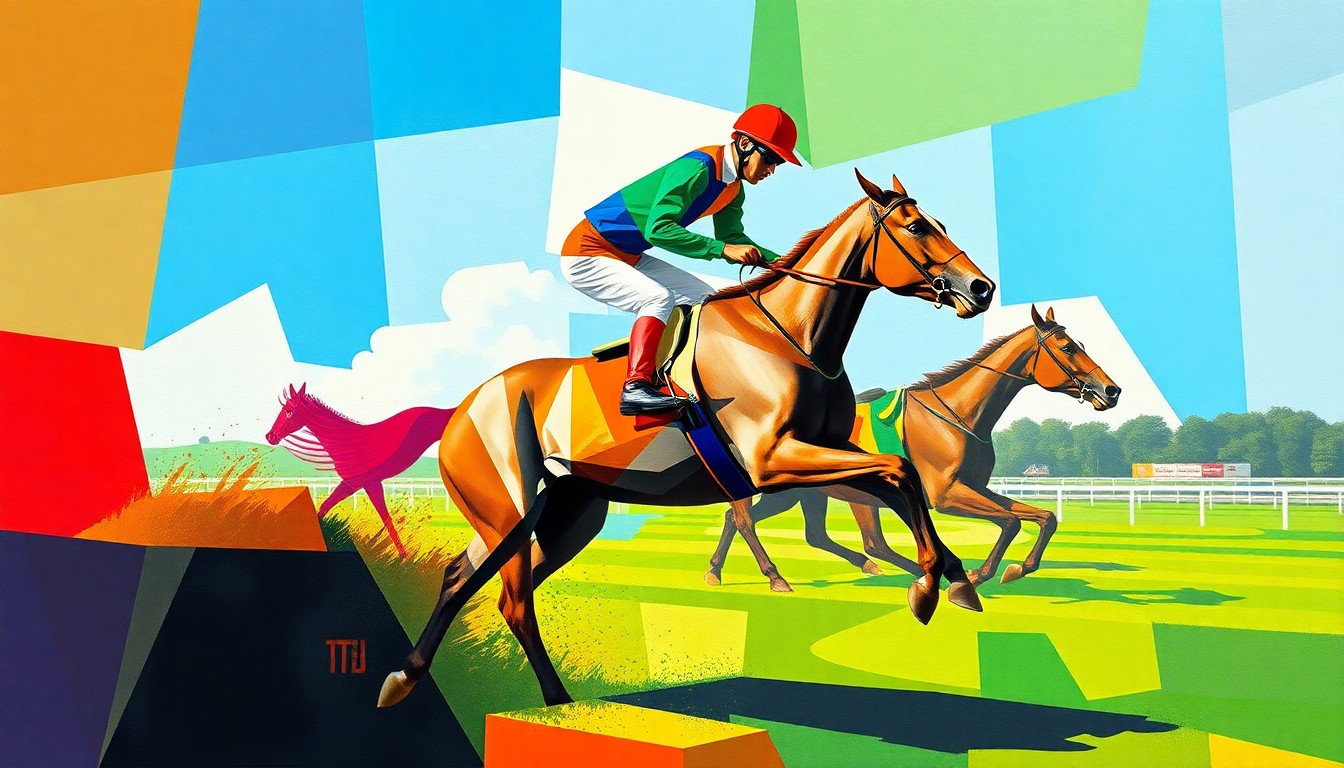 A cubist-style painting depicting a horse and jockey in a steeplechase race, broken down into overlapping geometric shapes and planes of bright, vibrant colors.