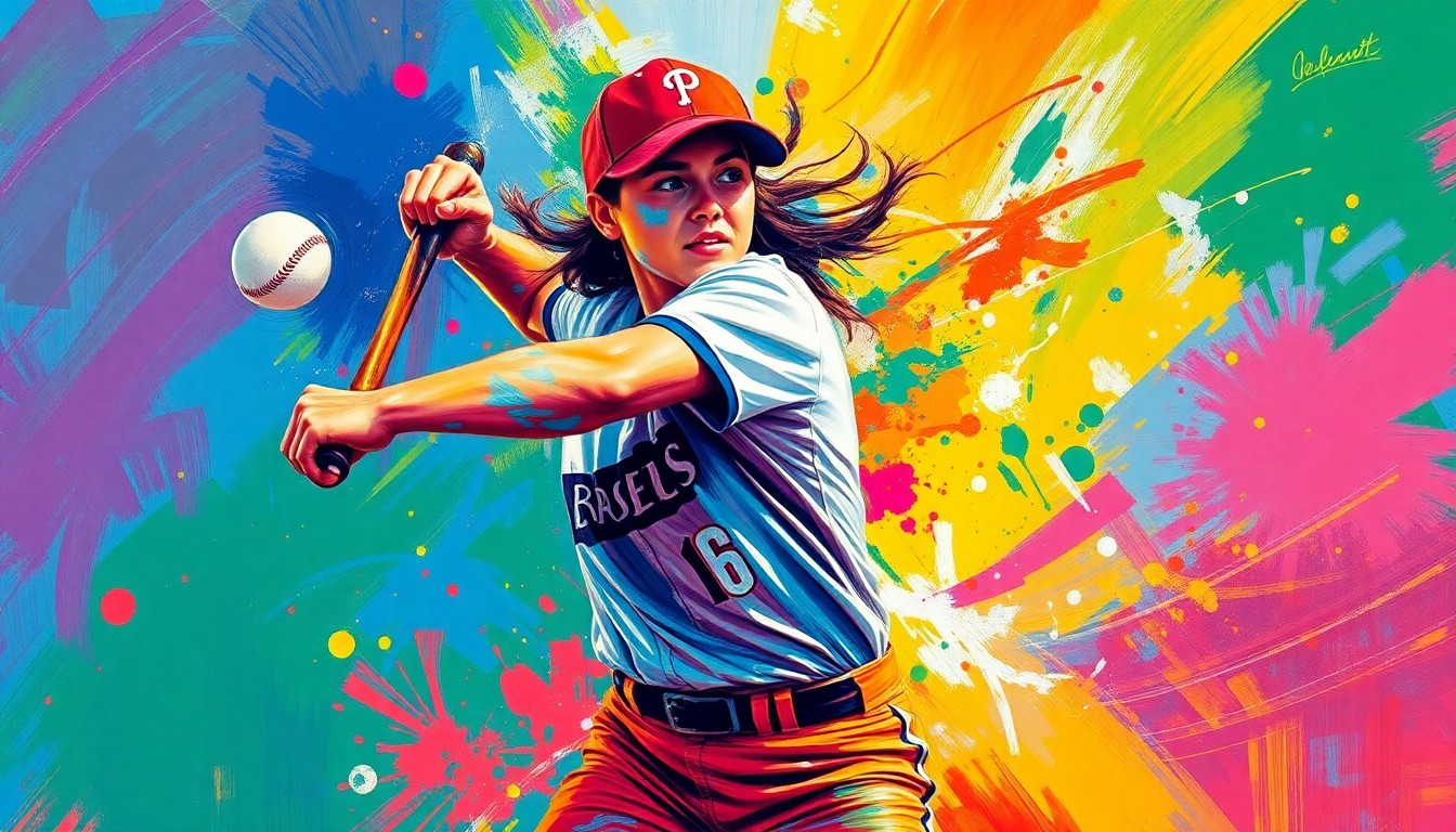 An extreme close-up of a softball pitcher's throwing motion, captured in a vibrant, expressionist style with rapid brushstrokes and neon colors that convey the raw athletic energy of the sport.