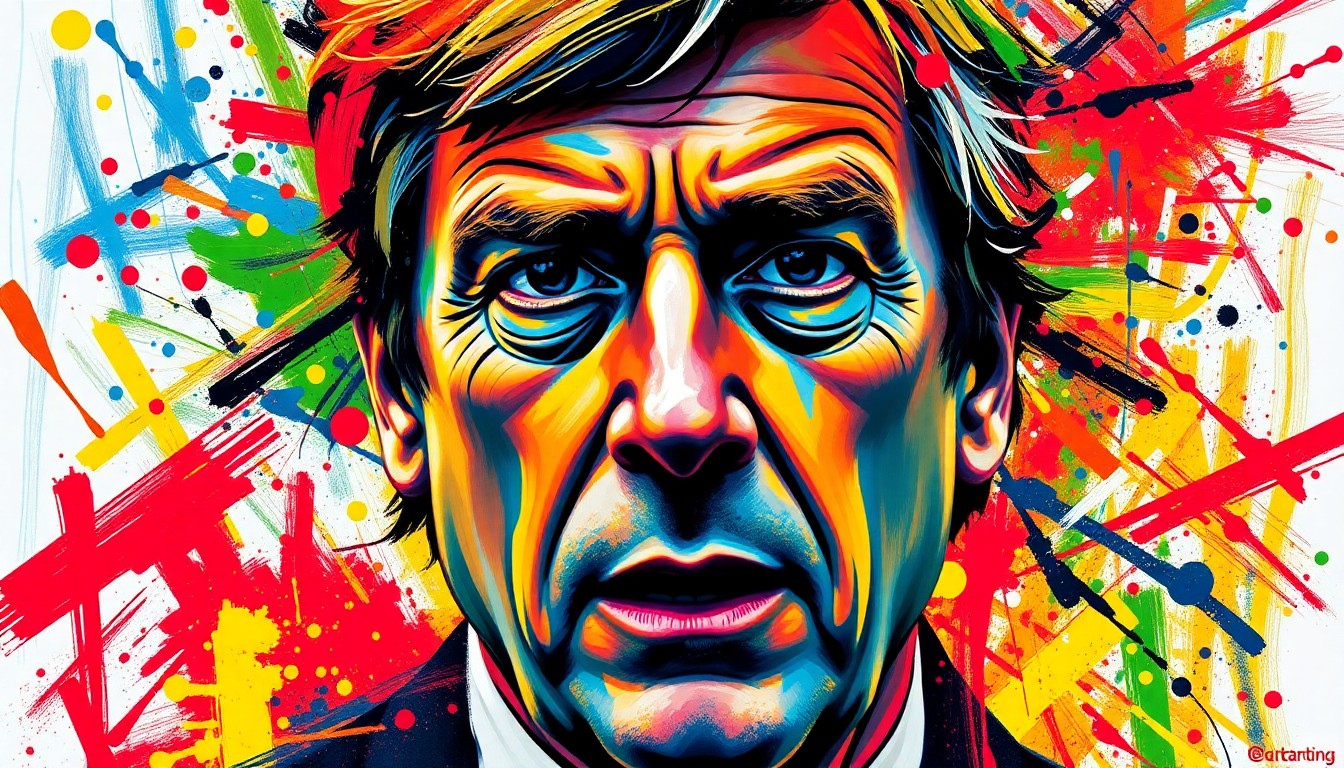 An abstract, expressionist painting in neon colors, with rapid brushstrokes capturing the dynamic energy and passion of a new football manager taking charge of a club.