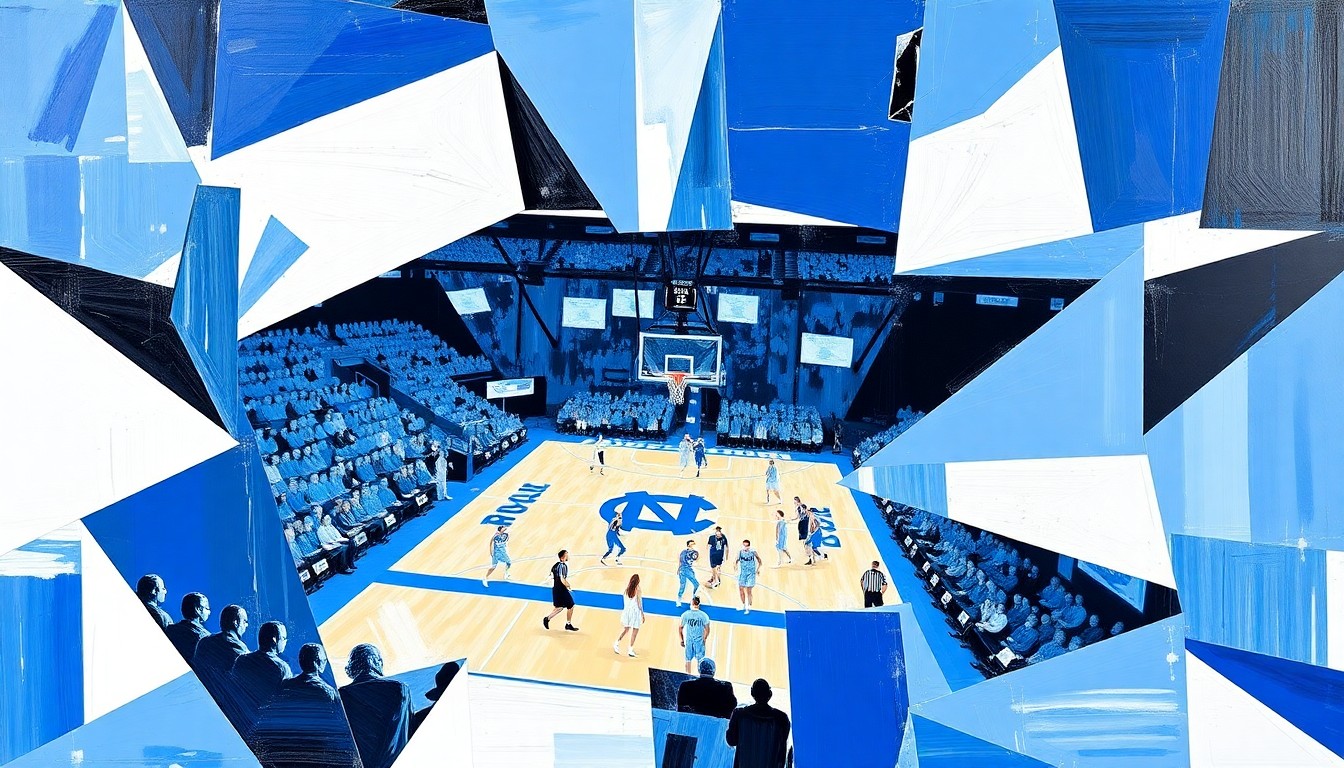 A fragmented, geometric painting depicting a North Carolina basketball game, with sharp planes of Carolina blue, white, and black colors, conceptually representing the program's rich legacy and transition to a new chapter.