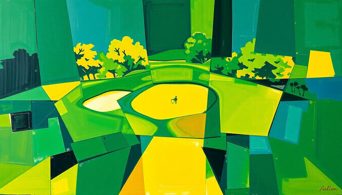 A fragmented, geometric painting depicting the 2026 Masters golf tournament, with sharp, overlapping planes of emerald green, golden yellow, and deep blue representing the dynamic action and competition on the course.