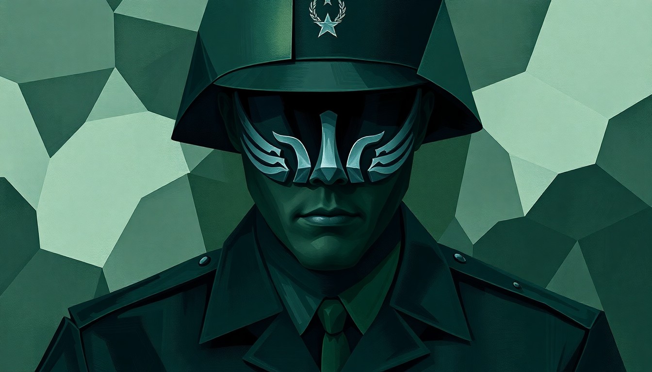 A dynamic, fragmented painting featuring military uniform elements in shades of green, blue, and gray, conveying the disjointed nature of the leadership conflict.