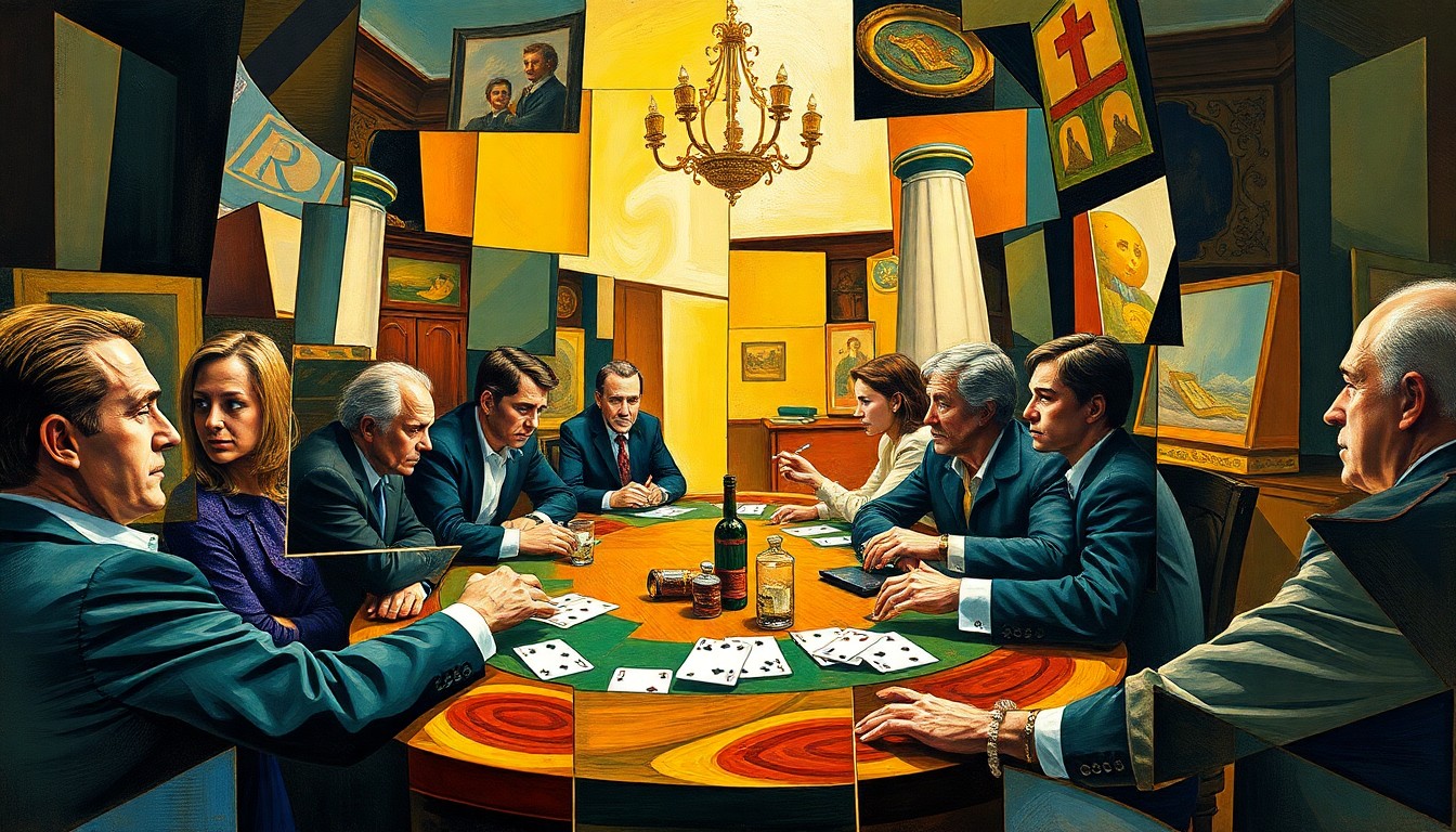 A fragmented, geometric painting depicting a high-stakes poker game, with players and cards broken down into sharp, overlapping shapes and planes, conveying the competitive and complex dynamics of the professional poker world.
