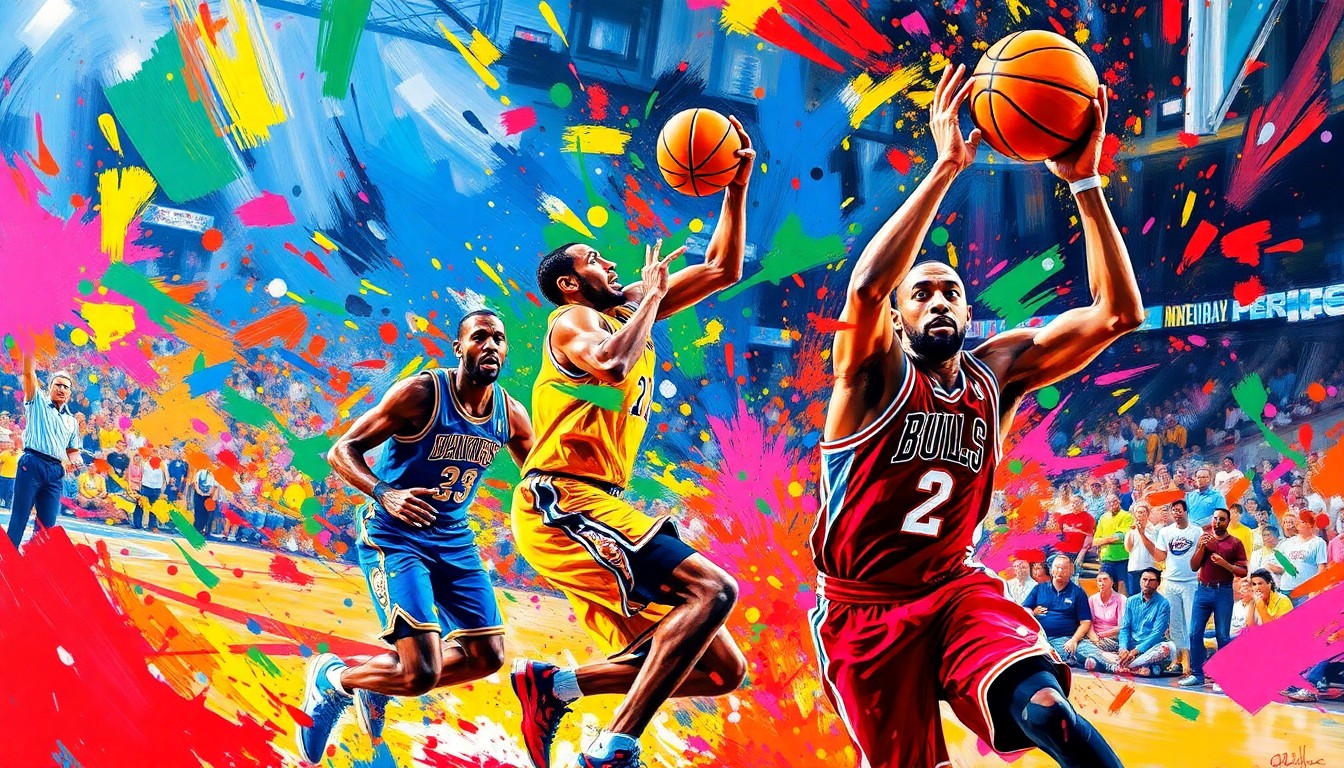A dynamic, abstract painting in neon colors depicting the frenetic movement and energy of an NBA basketball game, with players' forms blending into vibrant brushstrokes.