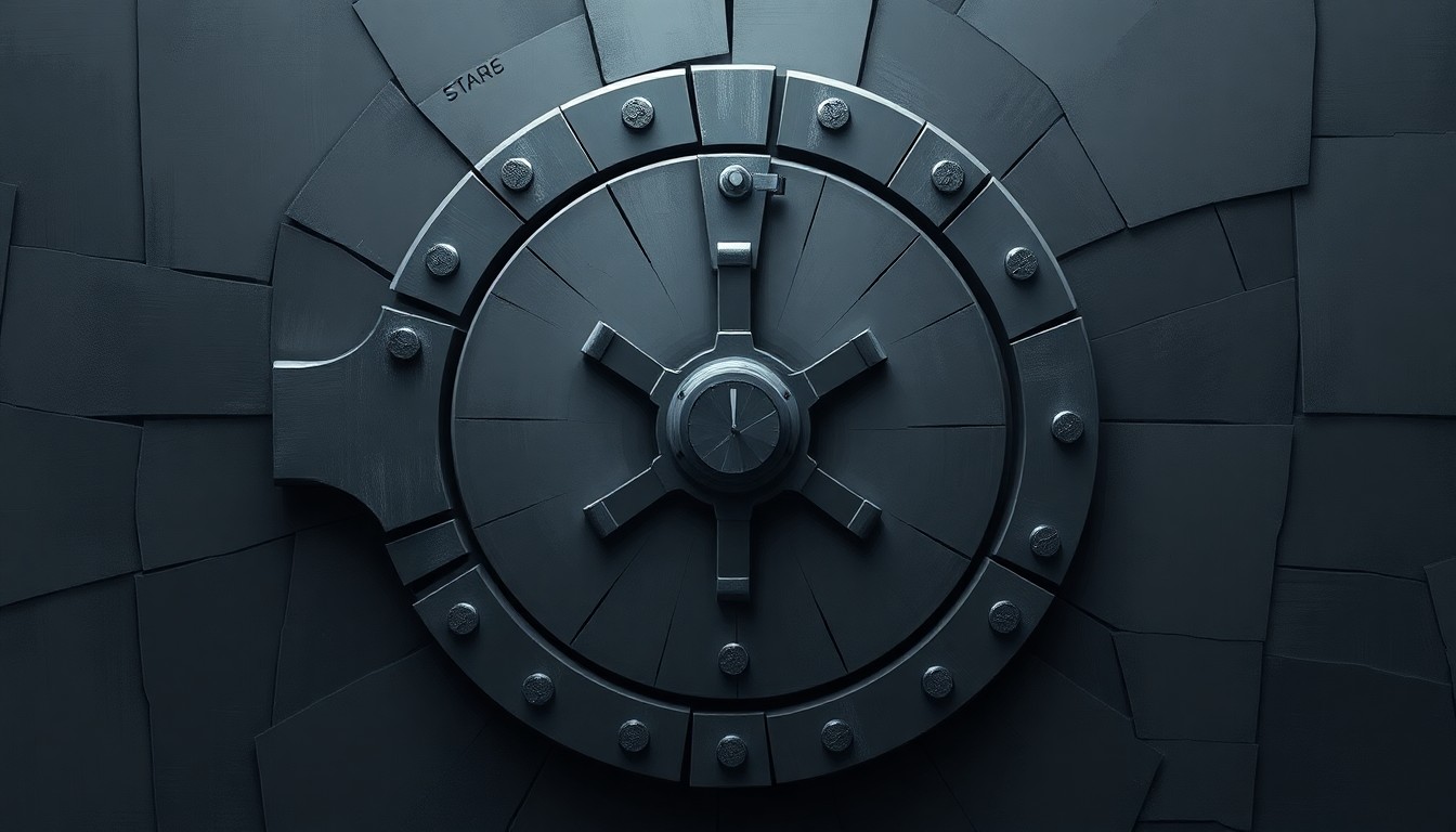 A fragmented, geometric painting of a large, imposing safe or vault door in shades of gray and black, conceptually representing the idea of wealth redistribution through government action.