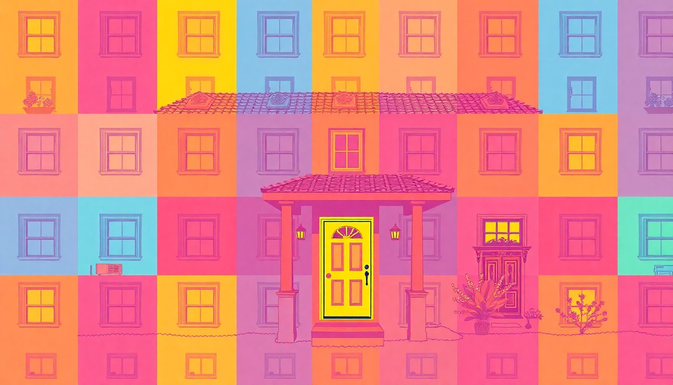 A brightly colored, high-contrast silkscreen print of a single suburban home exterior object repeated in a tight grid pattern, conceptually representing the affordability and potential of this property in Auburn, NY.