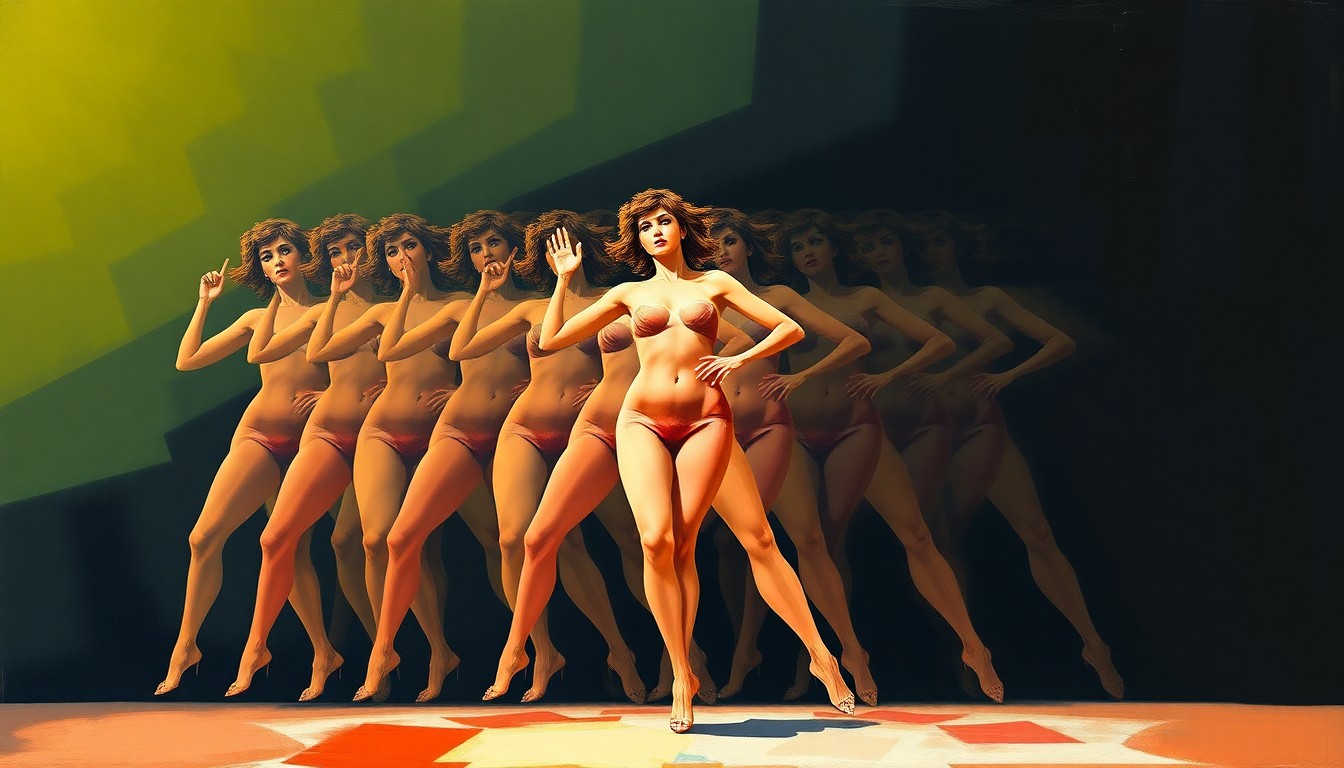 A surreal, fragmented painting depicting a gender-nonconforming performer on a stage, their body and movement repeated in overlapping, geometric waves of vibrant color, conceptually representing the tensions surrounding the Ohio legislation.