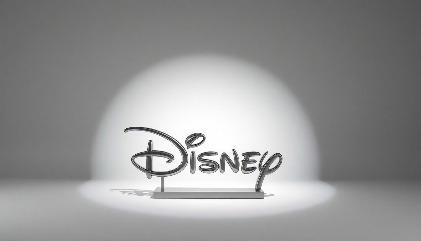 A close-up, high-contrast photograph of a single, highly polished metal Disney logo sculpture, dramatically lit from the side to create deep shadows and highlights, conveying a sense of corporate strategy and financial pressures.