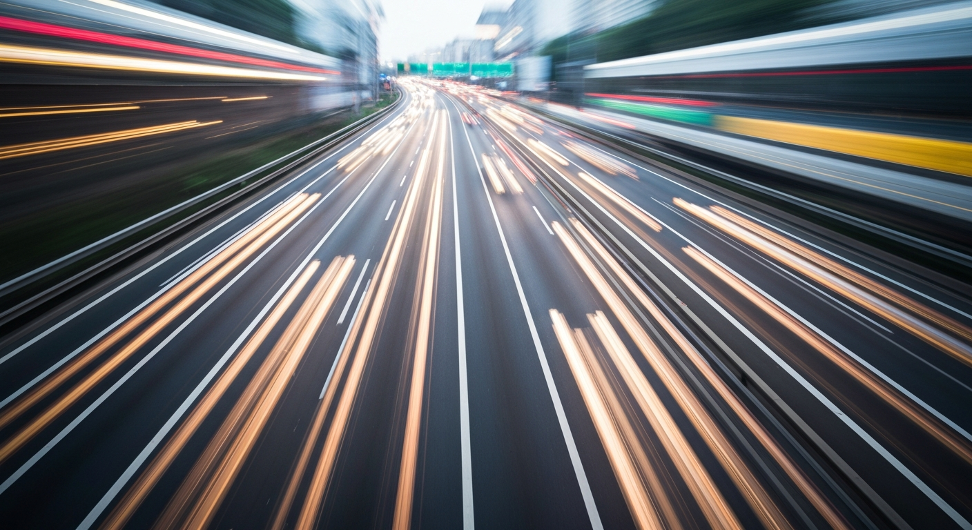 An abstract, blurred image of a busy highway with streaks of vibrant colors, conceptually representing the fast pace and flow of modern transportation infrastructure.