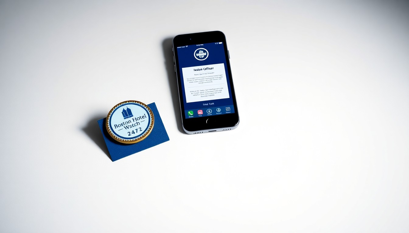 A high-end, photorealistic studio still-life photograph featuring a hotel security officer's lapel pin, a hotel room key card, and a smartphone displaying a security alert, arranged elegantly on a clean, monochromatic background to represent the abstract concepts of hotel security, information sharing, and coordinated emergency response.
