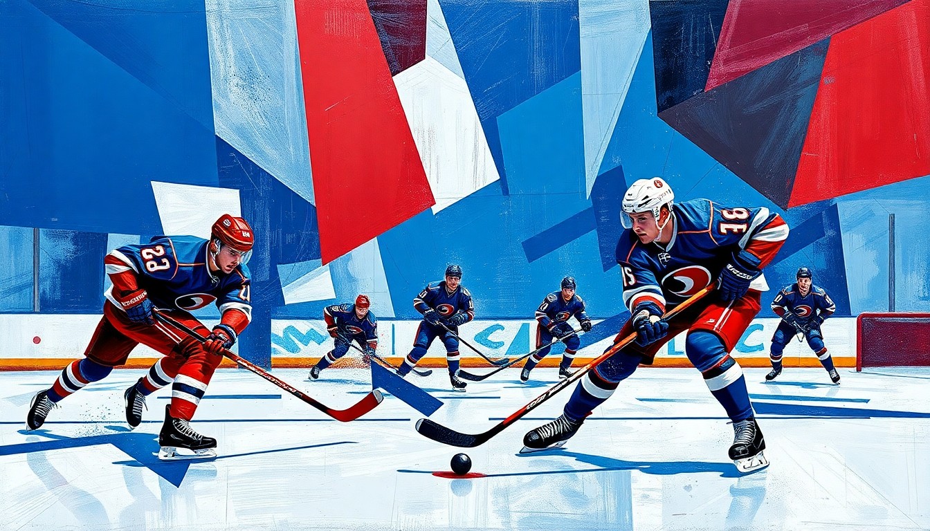 A cubist, geometric painting depicting a hockey game, with the players and puck represented through sharp, overlapping shapes and lines in a vibrant color palette, capturing the dynamic movement and energy of the sport.