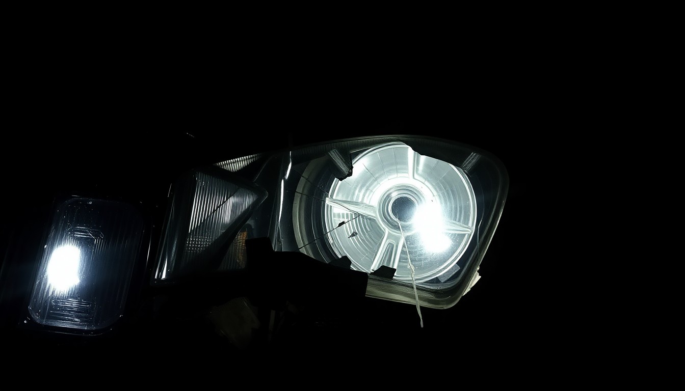 An extreme close-up photograph of a damaged vehicle part such as a shattered headlight or crumpled fender, conveying the gritty, investigative nature of the incident through dramatic lighting and stark composition.