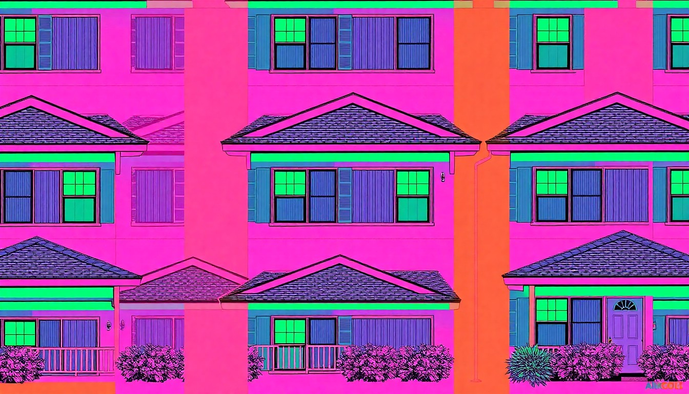 A brightly colored, high-contrast silkscreen print of a single, iconic Virginia Beach home exterior, such as a porch or roofline, repeated in a tight grid pattern, conceptually representing the home's appealing features and broad market appeal.