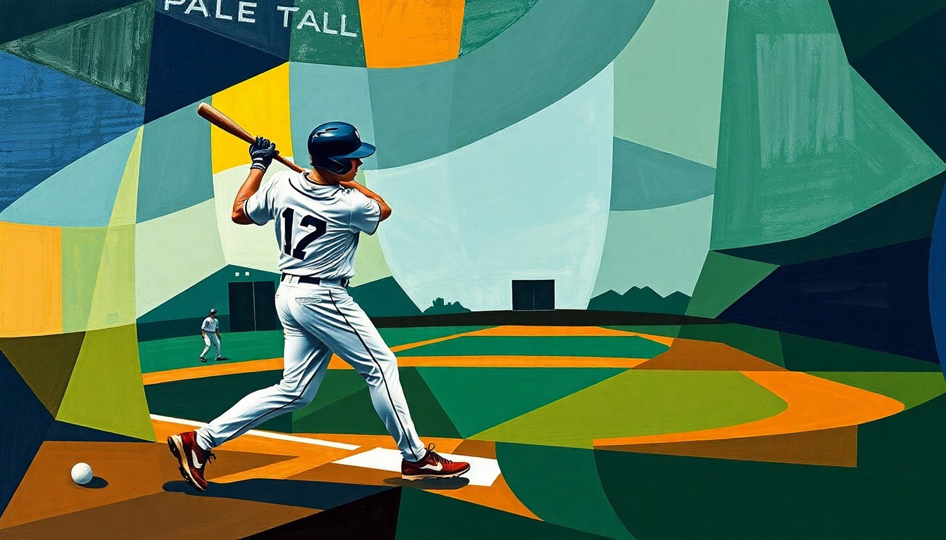 A fractured, geometric painting depicting a baseball player mid-swing, the ball, and the field of play broken down into sharp, overlapping planes in navy, green, and ochre, capturing the intensity and drama of the close game between Rochester and SHG.