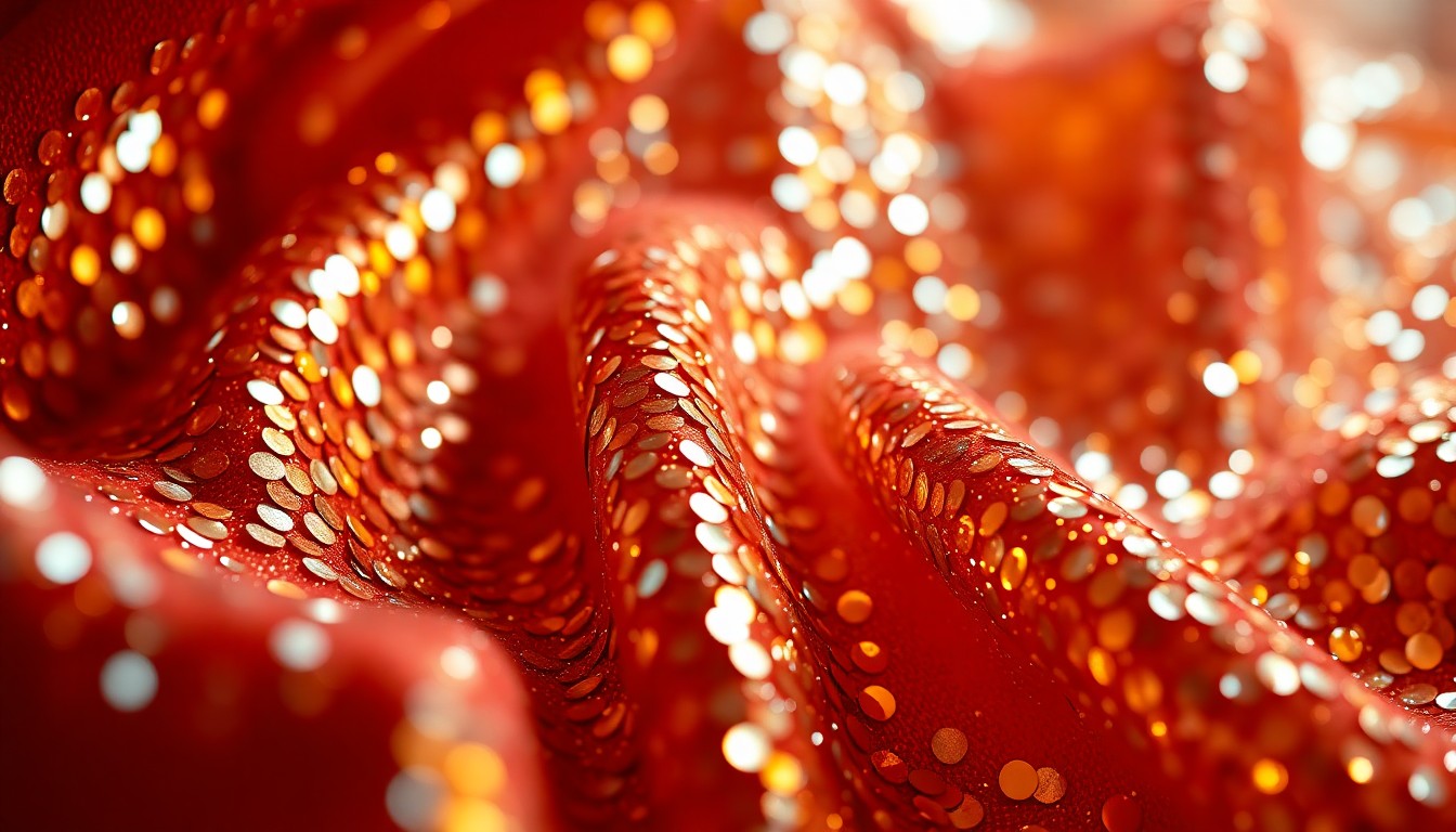 An extreme close-up of shimmering, textured fabrics in rich jewel-toned colors, capturing the visually bold and emotionally resonant nature of the Madame B's Tarot Readings exhibition.