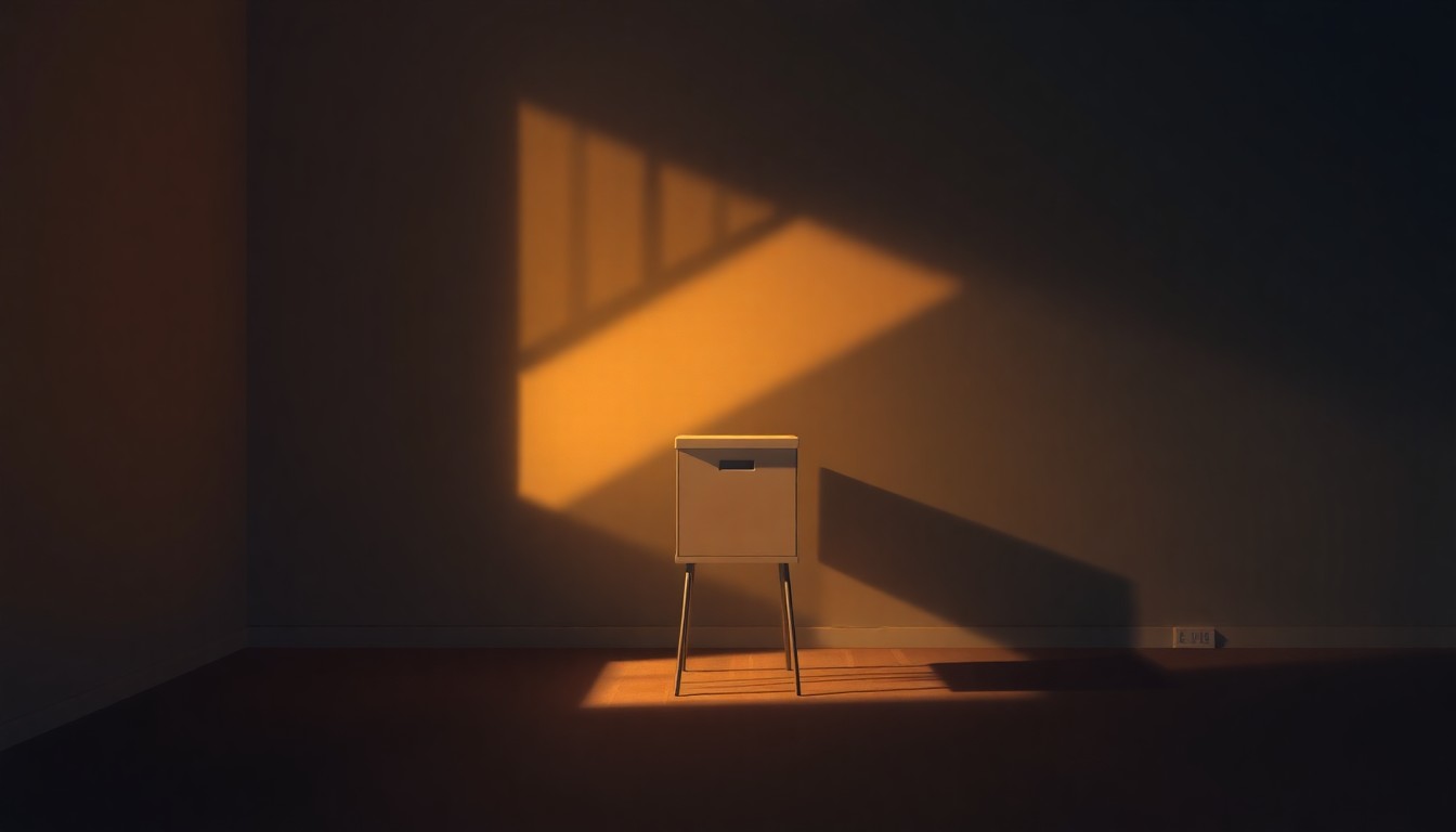 A photorealistic painting of a solitary ballot box or voting booth in a dimly lit urban setting, with warm light streaming in through a window and deep shadows cast across the scene, conveying a sense of quiet contemplation about the importance of local control over election administration.