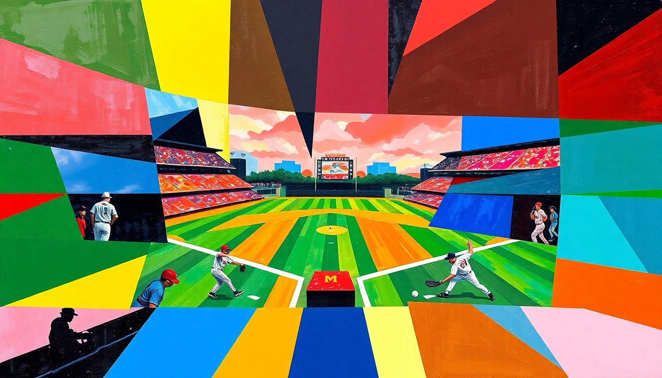 A cubist, geometric painting in vibrant shades of orange, blue, and green, depicting the fragmented, overlapping action of a college softball game, conveying the disruption and tragedy of a fatal bus accident.