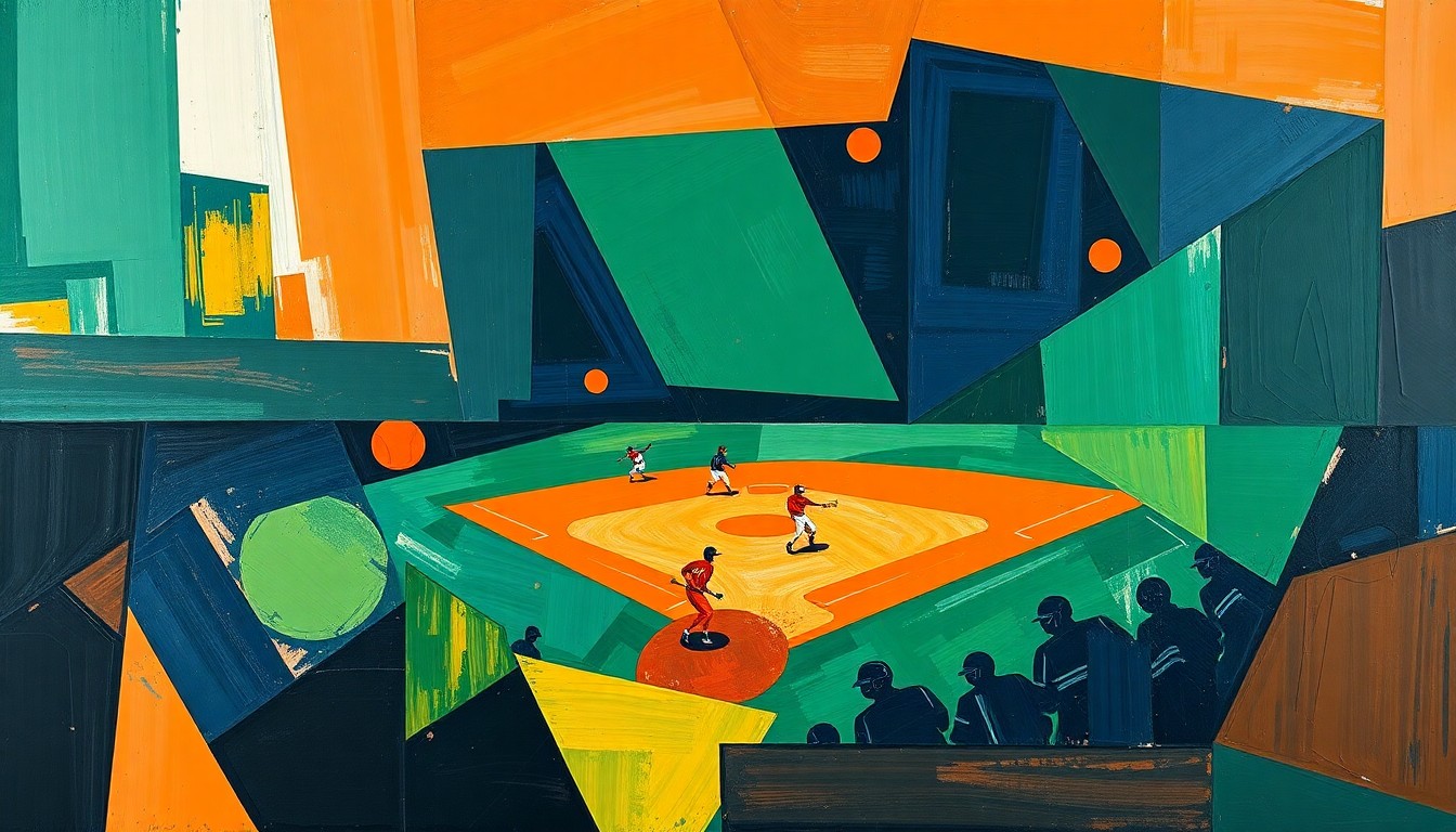 A cubist, geometric painting in navy, green, and orange hues, deconstructing the action and intensity of a high-stakes softball game into sharp, overlapping planes and shapes.