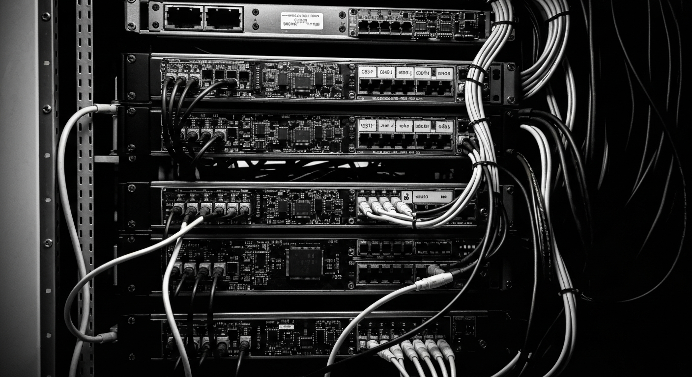 An extreme close-up photograph of the complex inner workings of a financial institution's computer server rack, with various metal components, circuit boards, and cooling fans visible and dramatically lit in cool blue tones, representing the technological infrastructure underlying the insurance industry.