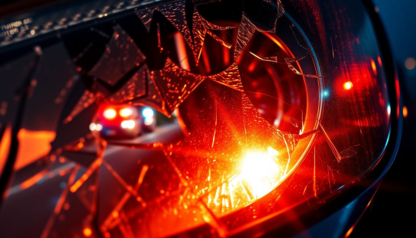 An extreme close-up of a shattered car headlight lens reflecting the flashing lights of emergency vehicles, conceptually representing the aftermath of a deadly highway accident.